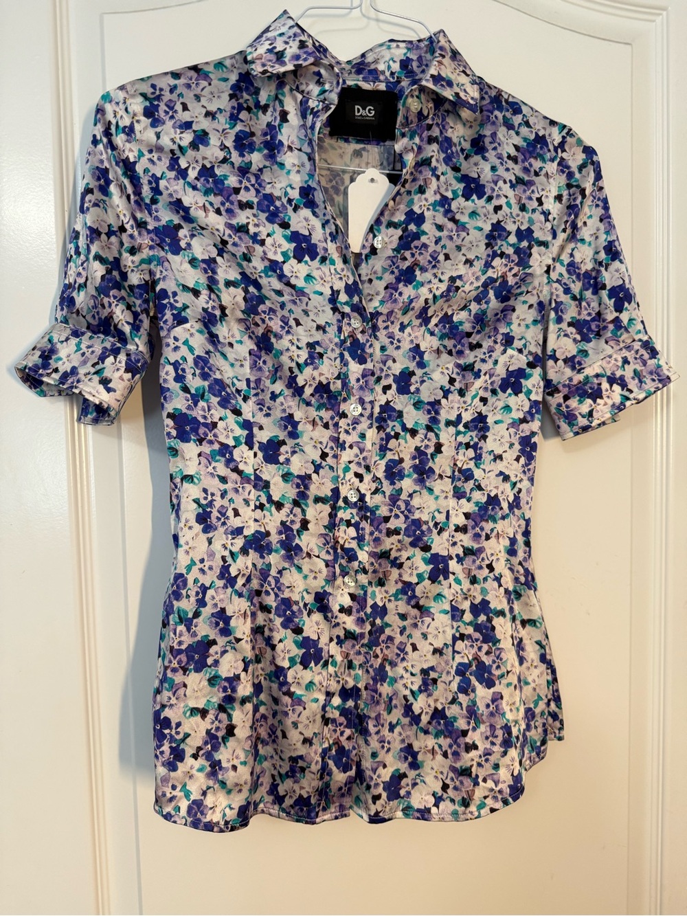 D&G Floral Short-Sleeve Button-Down Shirt in Purple, Teal and White